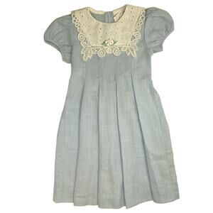 Peaches & Cream Girls Dress Blue w/White Eyelet Lace Collar Pleated Skirt Size 5